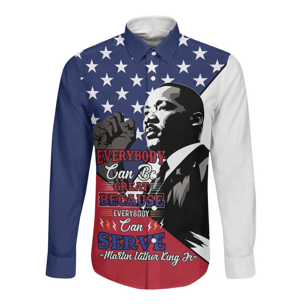 Black Americans Happy MLK Day Long Sleeve Button Shirt Everybody Can Be Great Because Everybody Can Serve