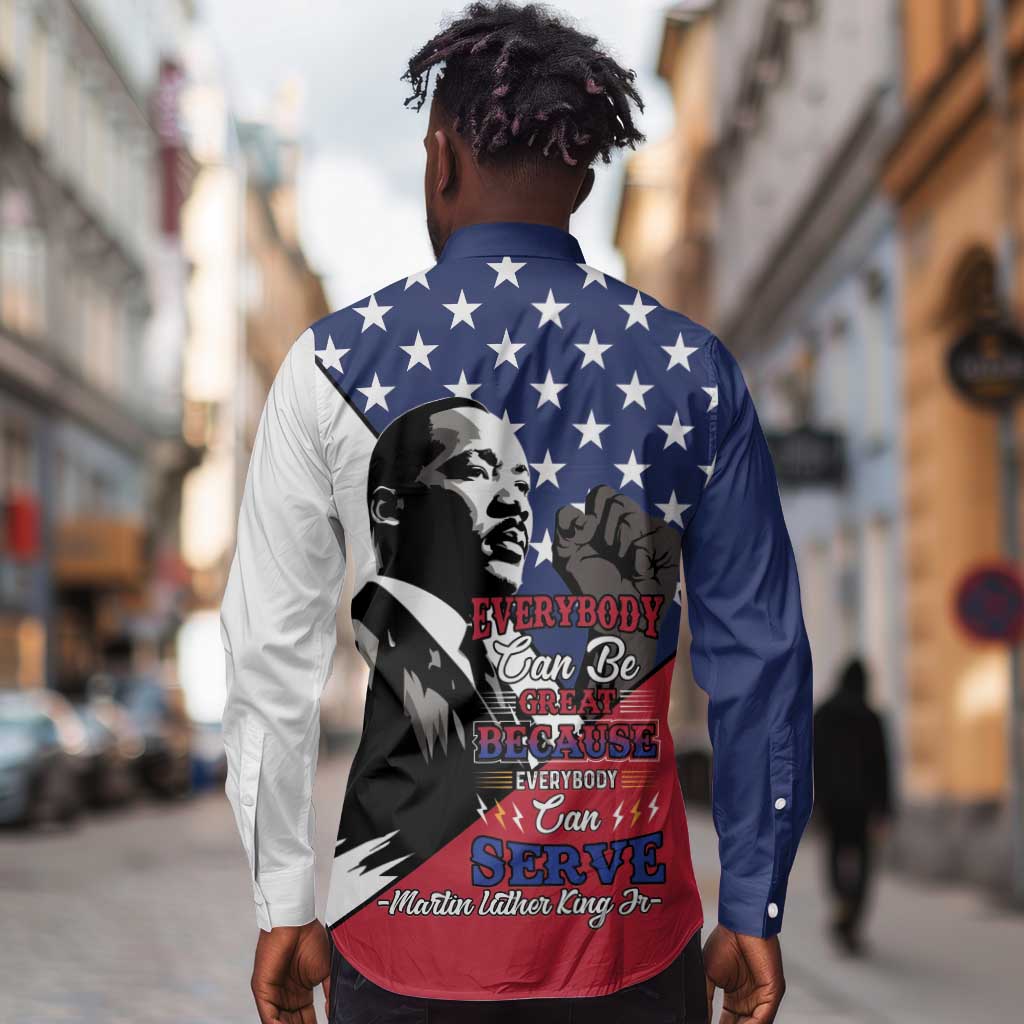 Black Americans Happy MLK Day Long Sleeve Button Shirt Everybody Can Be Great Because Everybody Can Serve
