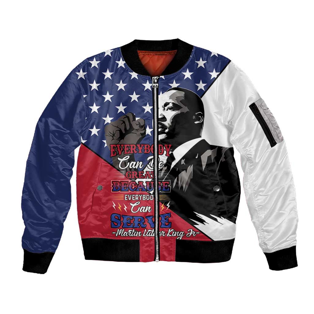 Black Americans Happy MLK Day Sleeve Zip Bomber Jacket Everybody Can Be Great Because Everybody Can Serve