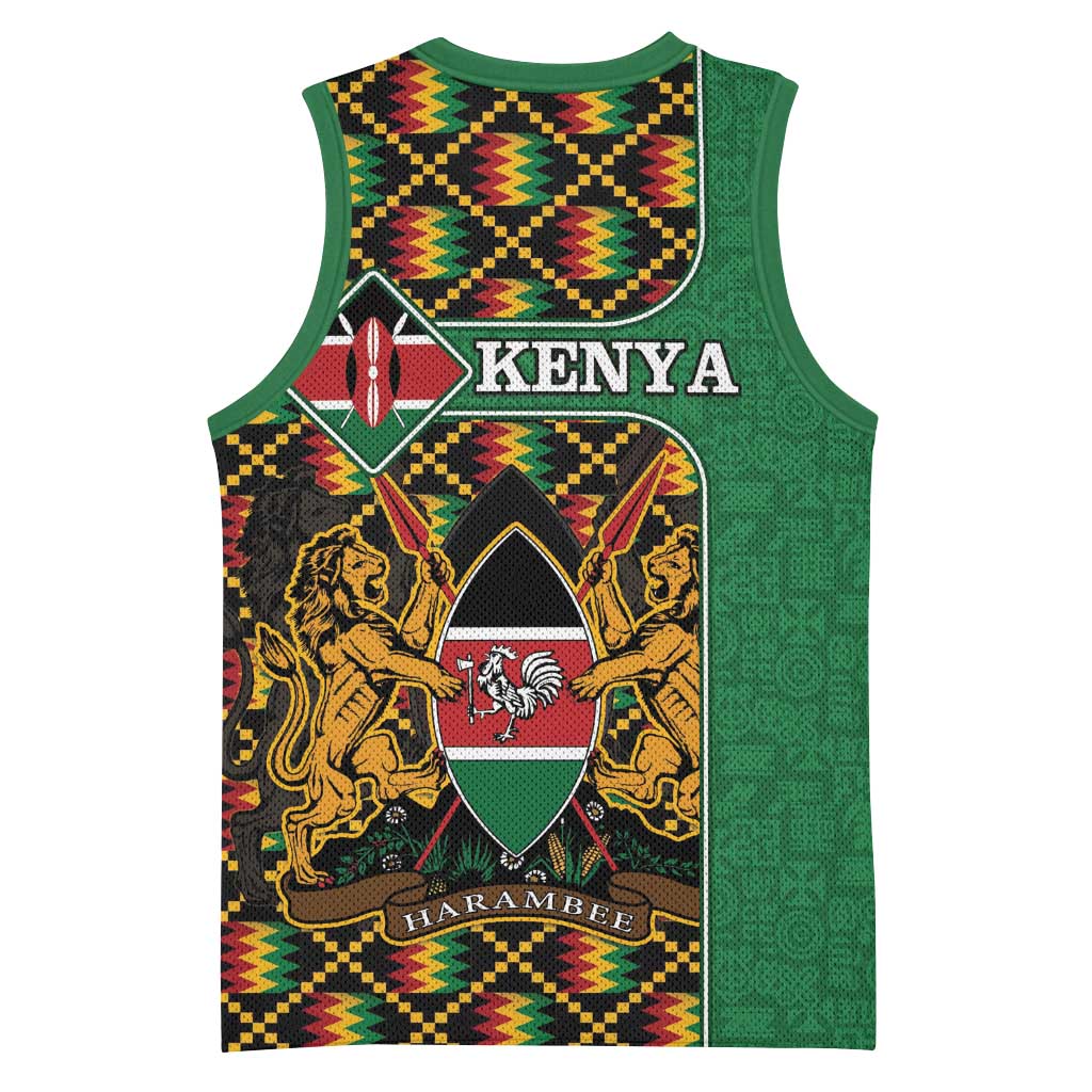 Kenya Basketball Jersey - Kente Pattern, Coat Of Arms Design LT15