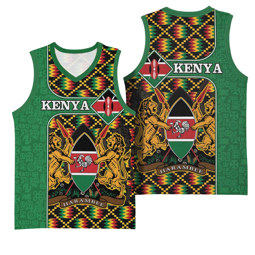 Kenya Basketball Jersey - Kente Pattern, Coat Of Arms Design LT15