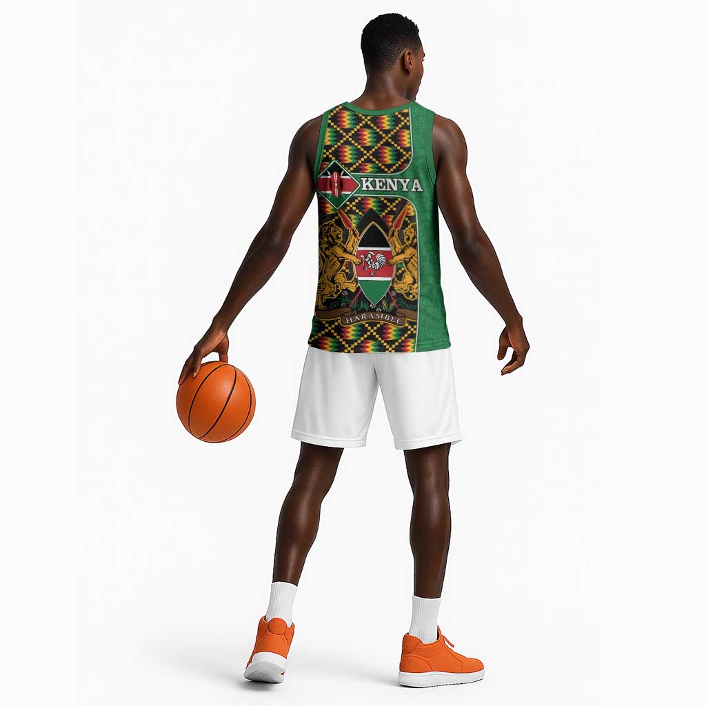 Kenya Basketball Jersey - Kente Pattern, Coat Of Arms Design LT15