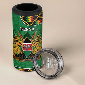 Kenya 4 in 1 Can Cooler Tumbler - Kente Pattern, Coat Of Arms Design