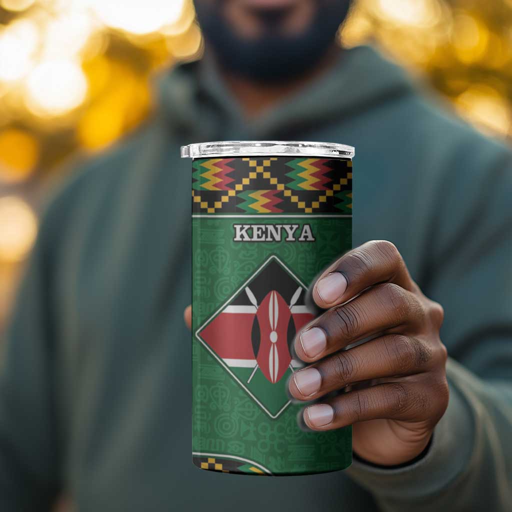 Kenya 4 in 1 Can Cooler Tumbler - Kente Pattern, Coat Of Arms Design