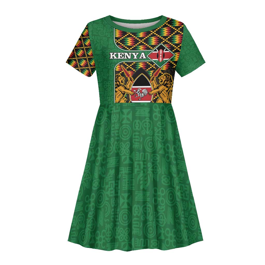 Kenya Kid Short Sleeve Dress - Kente Pattern, Coat Of Arms Design