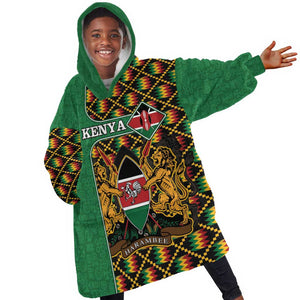 Kenya KId Wearable Blanket Hoodie - Kente Pattern, Coat Of Arms Design