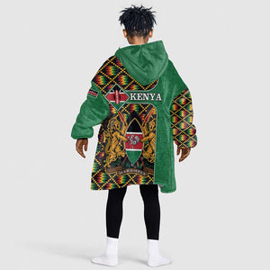 Kenya KId Wearable Blanket Hoodie - Kente Pattern, Coat Of Arms Design