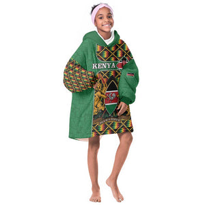 Kenya KId Wearable Blanket Hoodie - Kente Pattern, Coat Of Arms Design