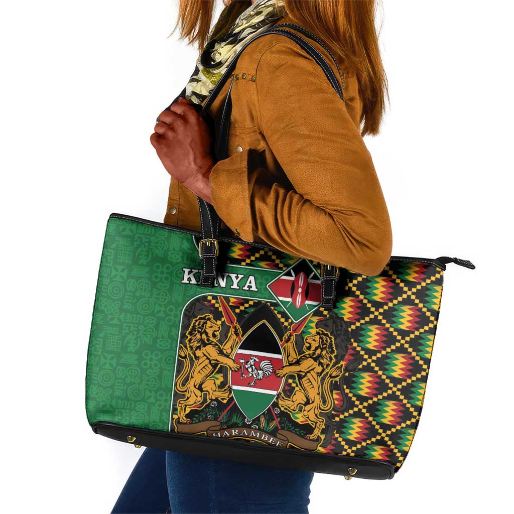 Kenya Leather Tote Bag - Kente Pattern, Coat Of Arms Design