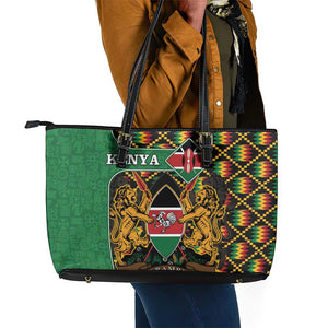 Kenya Leather Tote Bag - Kente Pattern, Coat Of Arms Design