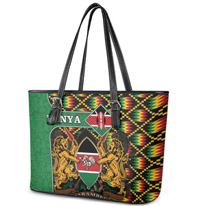 Kenya Leather Tote Bag - Kente Pattern, Coat Of Arms Design