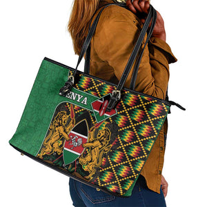 Kenya Leather Tote Bag - Kente Pattern, Coat Of Arms Design