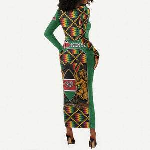 Kenya Long Sleeve Bodycon Dress - Kente Pattern, Coat Of Arms Design