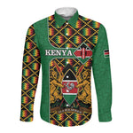 Kenya Long Sleeve Button Shirt - Kente Pattern, Coat Of Arms Design