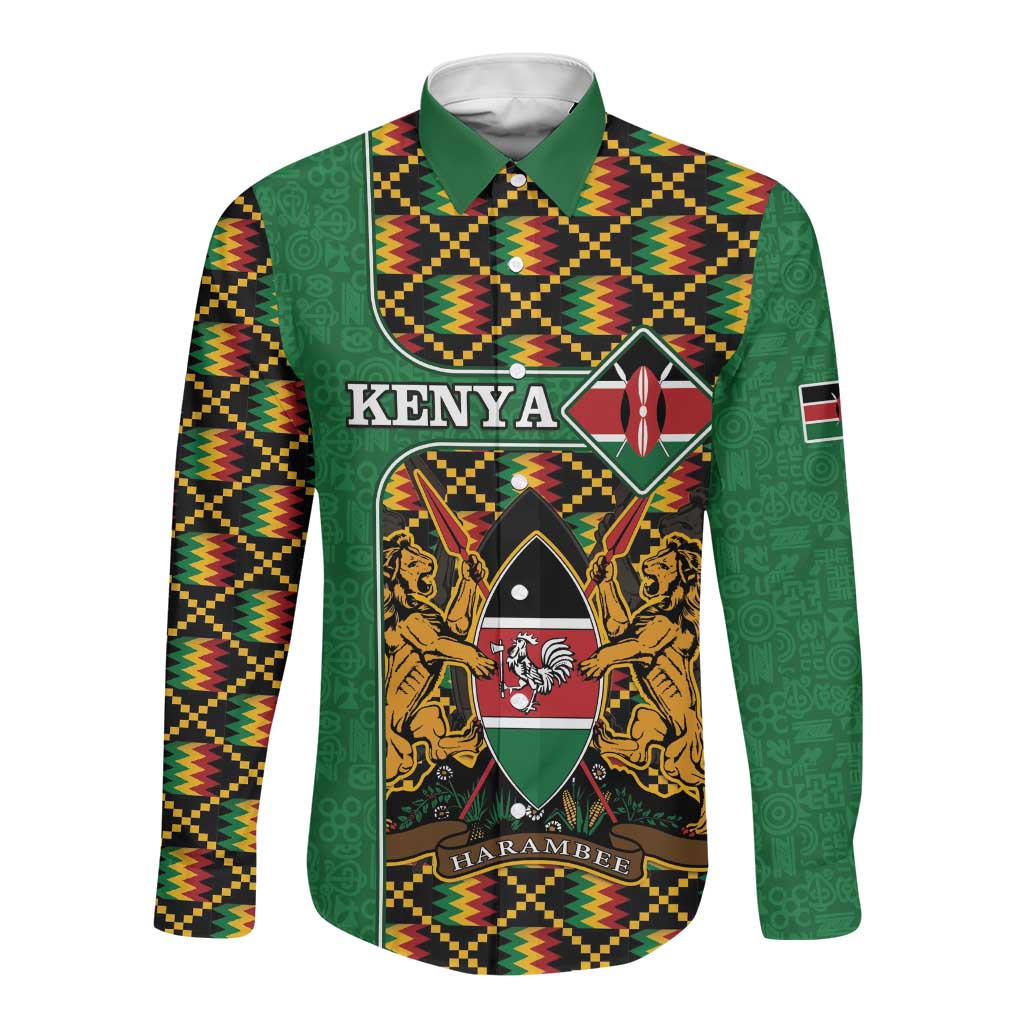 Kenya Long Sleeve Button Shirt - Kente Pattern, Coat Of Arms Design