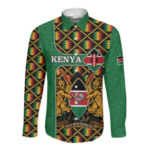 Kenya Long Sleeve Button Shirt - Kente Pattern, Coat Of Arms Design
