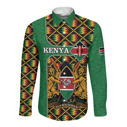 Kenya Long Sleeve Button Shirt - Kente Pattern, Coat Of Arms Design