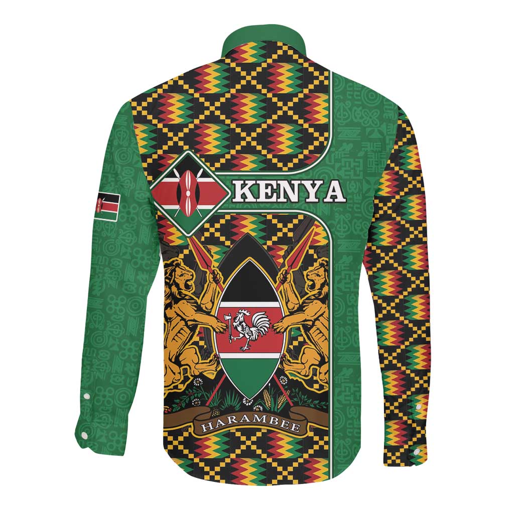 Kenya Long Sleeve Button Shirt - Kente Pattern, Coat Of Arms Design