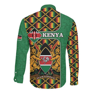 Kenya Long Sleeve Button Shirt - Kente Pattern, Coat Of Arms Design