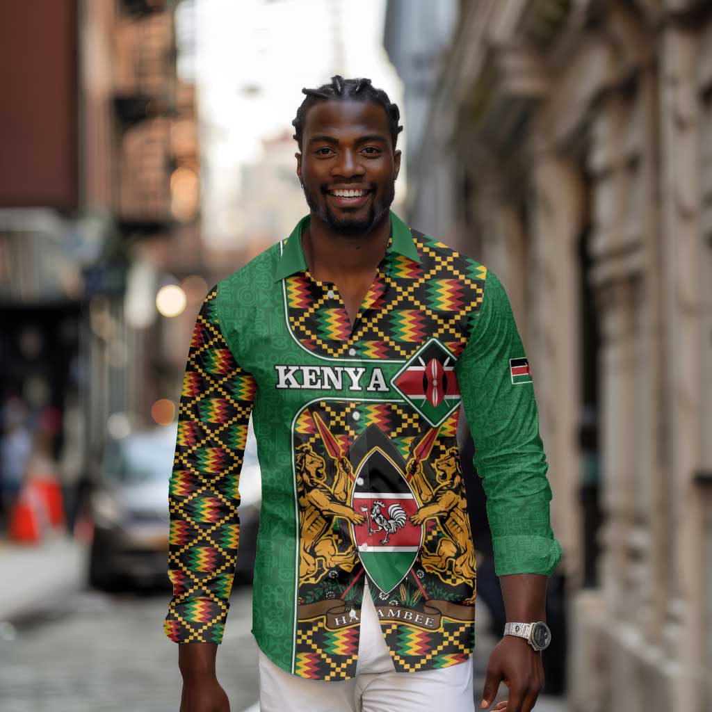 Kenya Long Sleeve Button Shirt - Kente Pattern, Coat Of Arms Design