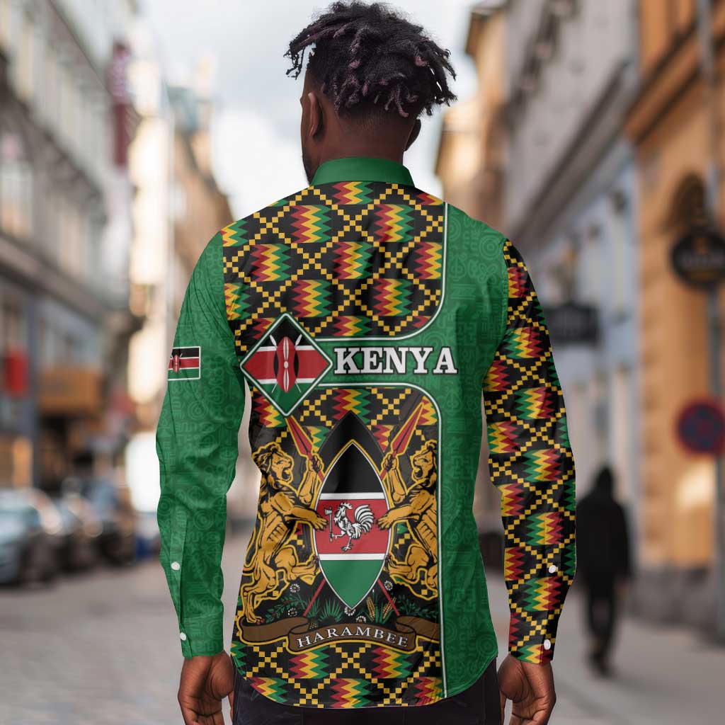 Kenya Long Sleeve Button Shirt - Kente Pattern, Coat Of Arms Design