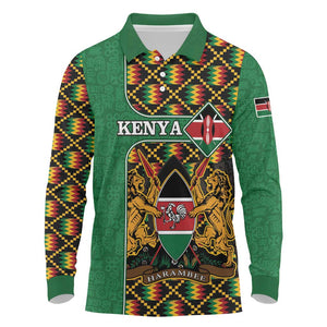 Kenya Long Sleeve Polo Shirt - Kente Pattern, Coat Of Arms Design