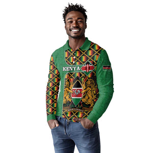 Kenya Long Sleeve Polo Shirt - Kente Pattern, Coat Of Arms Design