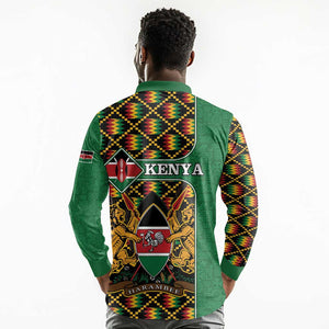 Kenya Long Sleeve Polo Shirt - Kente Pattern, Coat Of Arms Design