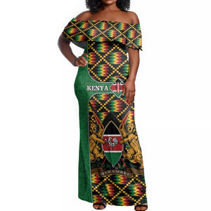 Kenya Off Shoulder Maxi Dress - Kente Pattern, Coat Of Arms Design