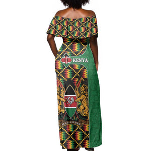 Kenya Off Shoulder Maxi Dress - Kente Pattern, Coat Of Arms Design