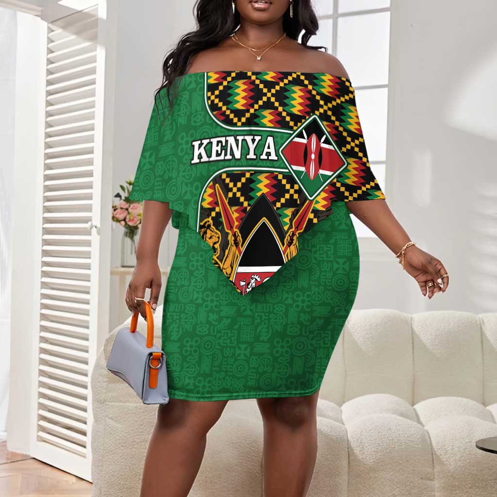 Kenya Off Shoulder Short Dress - Kente Pattern, Coat Of Arms Design