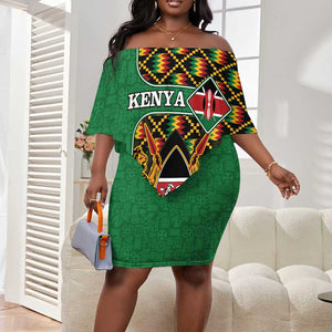 Kenya Off Shoulder Short Dress - Kente Pattern, Coat Of Arms Design