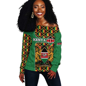 Kenya Off Shoulder Sweater - Kente Pattern, Coat Of Arms Design