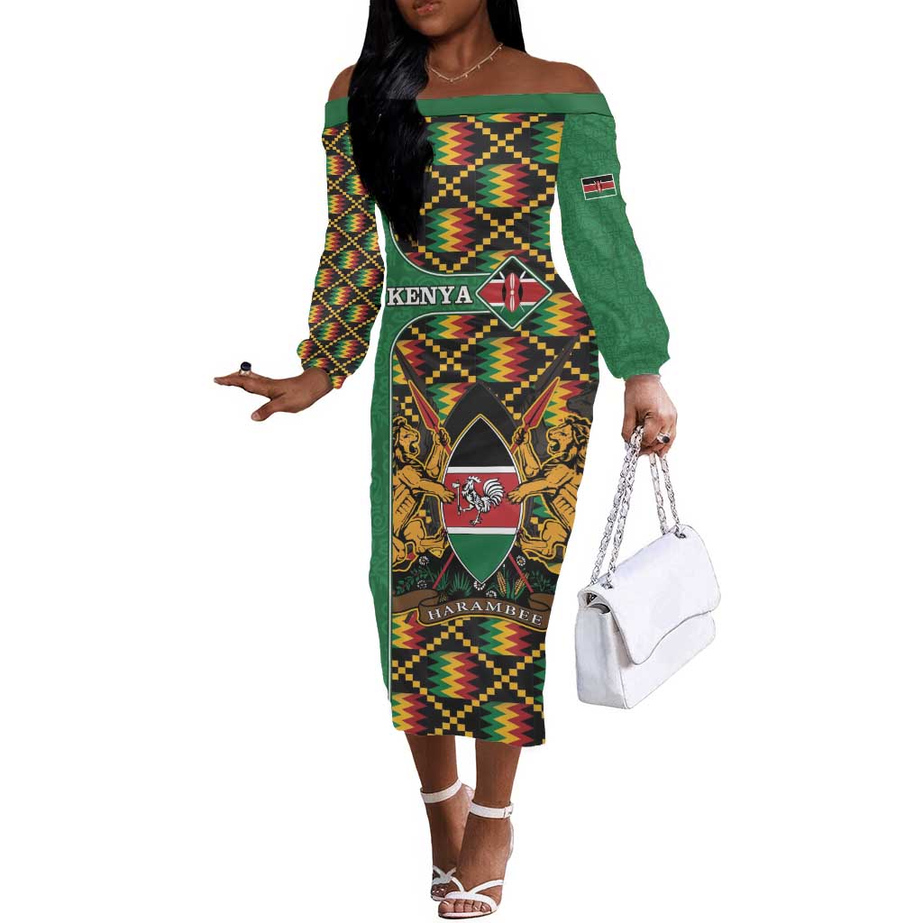 Kenya Off The Shoulder Long Sleeve Dress - Kente Pattern, Coat Of Arms Design