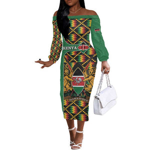 Kenya Off The Shoulder Long Sleeve Dress - Kente Pattern, Coat Of Arms Design