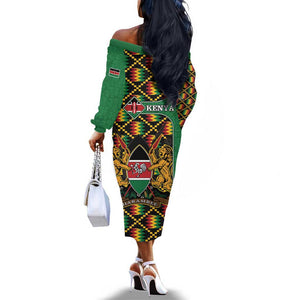 Kenya Off The Shoulder Long Sleeve Dress - Kente Pattern, Coat Of Arms Design