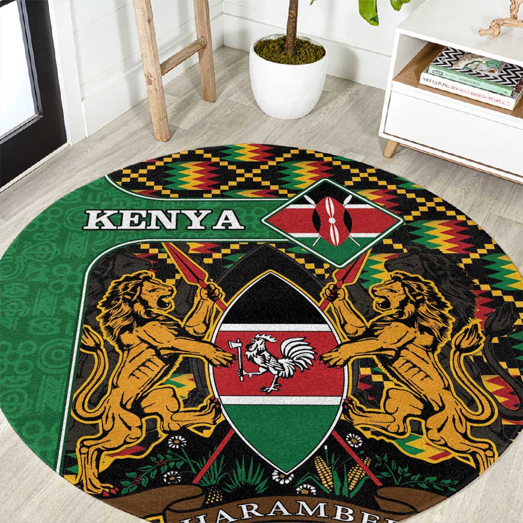 Kenya Round Carpet - Kente Pattern, Coat Of Arms Design