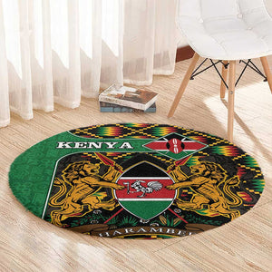 Kenya Round Carpet - Kente Pattern, Coat Of Arms Design