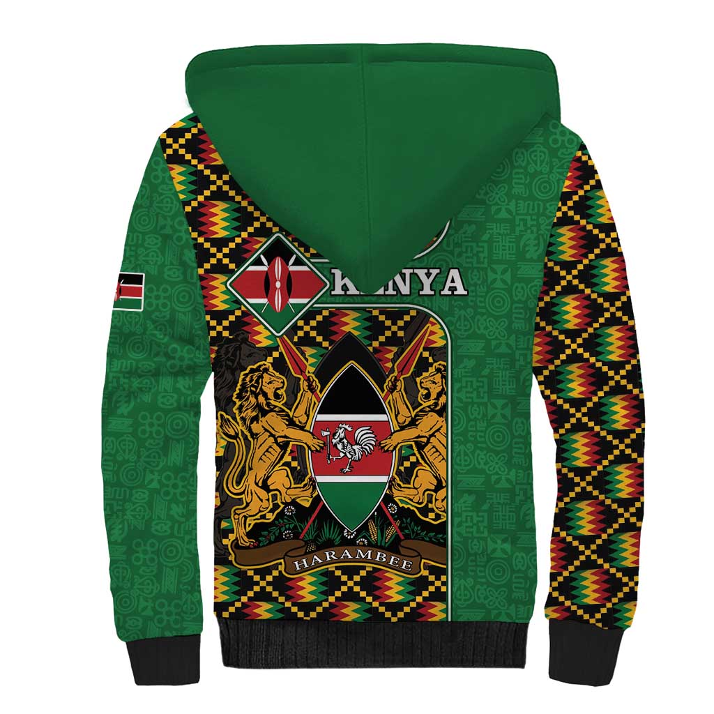 Kenya Sherpa Hoodie - Kente Pattern, Coat Of Arms Design