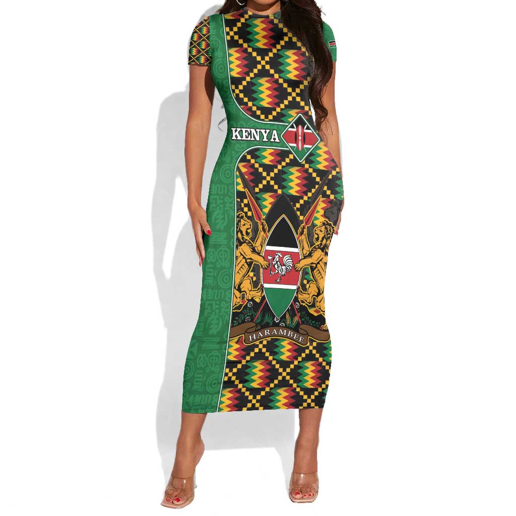 Kenya Short Sleeve Bodycon Dress - Kente Pattern, Coat Of Arms Design