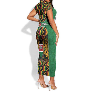 Kenya Short Sleeve Bodycon Dress - Kente Pattern, Coat Of Arms Design