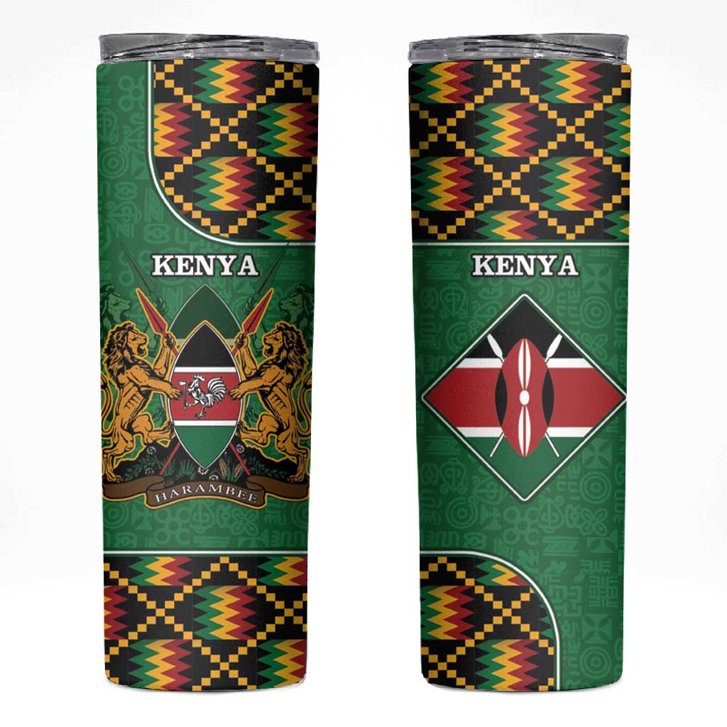 Kenya Skinny Tumbler - Kente Pattern, Coat Of Arms Design