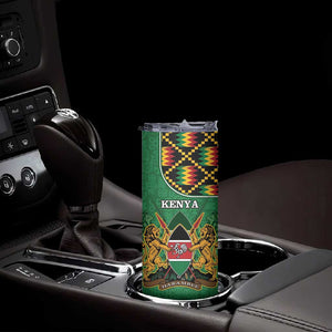 Kenya Skinny Tumbler - Kente Pattern, Coat Of Arms Design