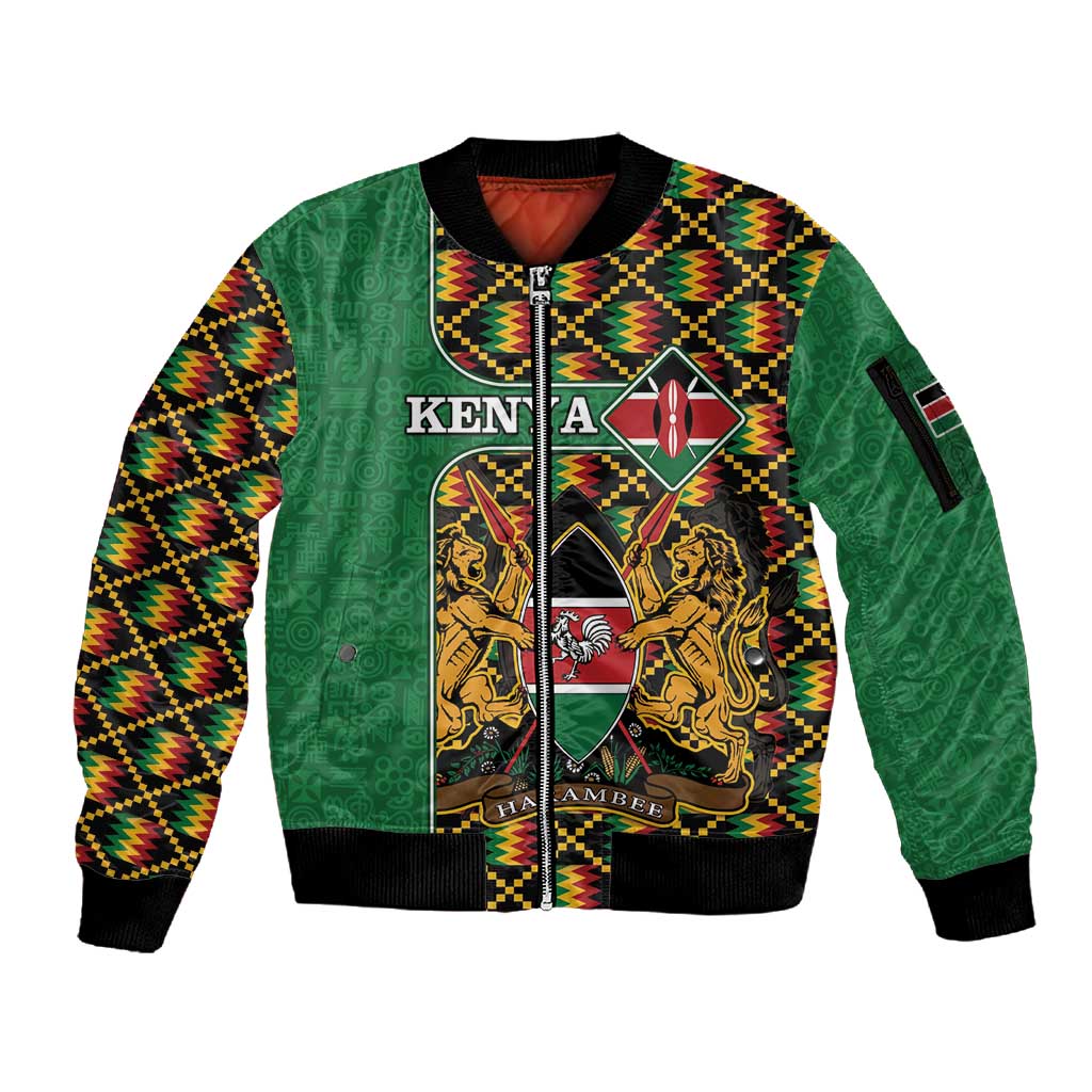 Kenya Sleeve Zip Bomber Jacket - Kente Pattern, Coat Of Arms Design