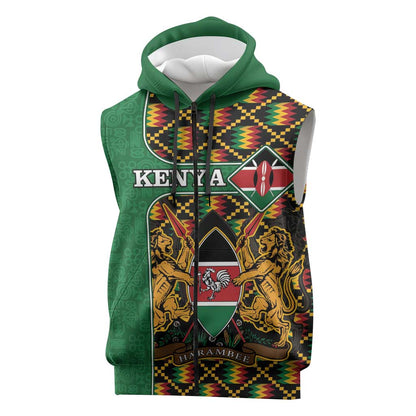 Kenya Sleeveless Zip Hoodie - Kente Pattern, Coat Of Arms Design - African Pride