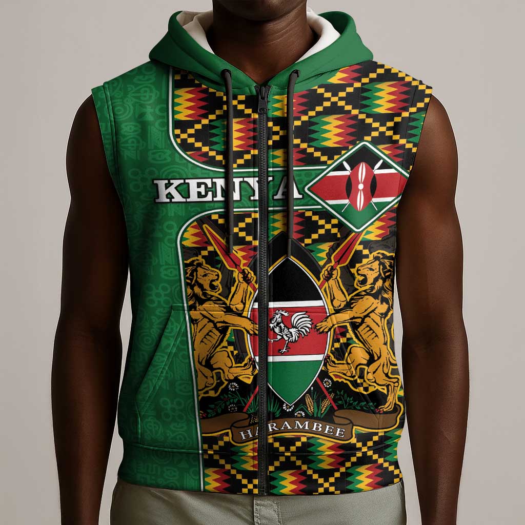 Kenya Sleeveless Zip Hoodie - Kente Pattern, Coat Of Arms Design - African Pride