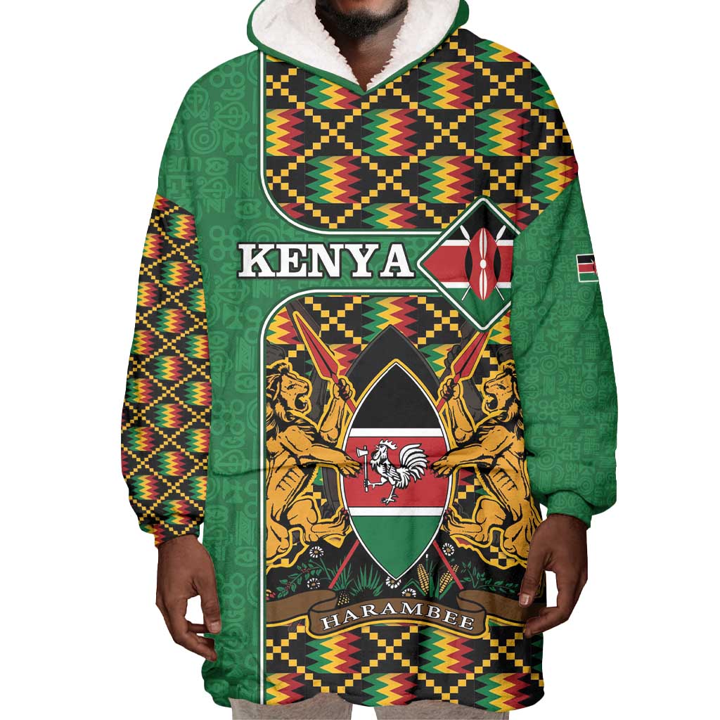 Kenya Wearable Blanket Hoodie - Kente Pattern, Coat Of Arms Design