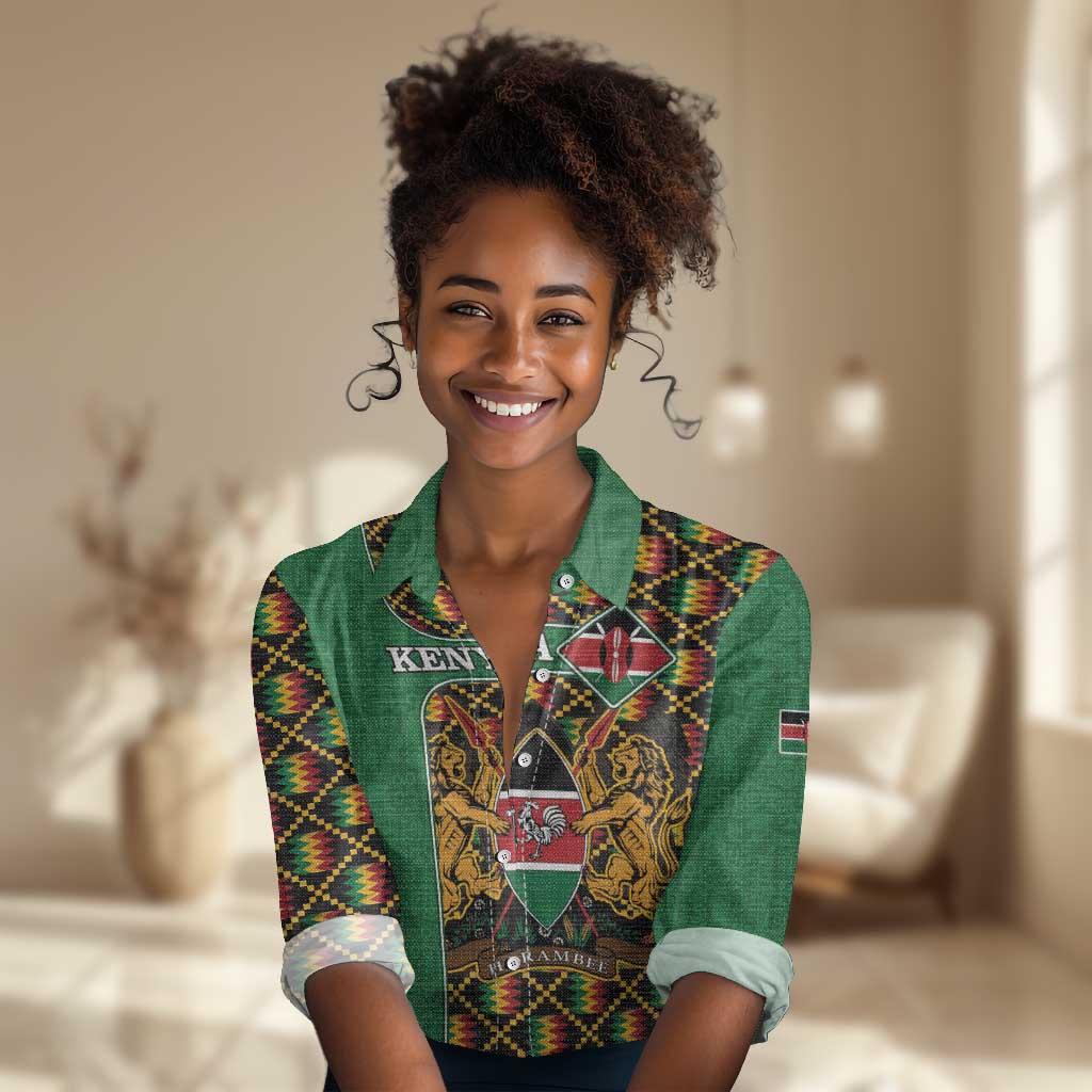 Kenya Women Casual Shirt - Kente Pattern, Coat Of Arms Design