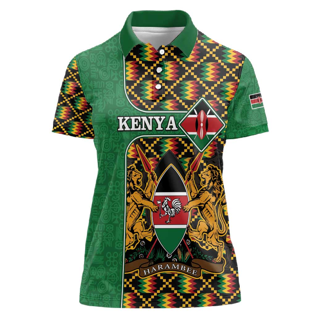 Kenya Women Polo Shirt - Kente Pattern, Coat Of Arms Design