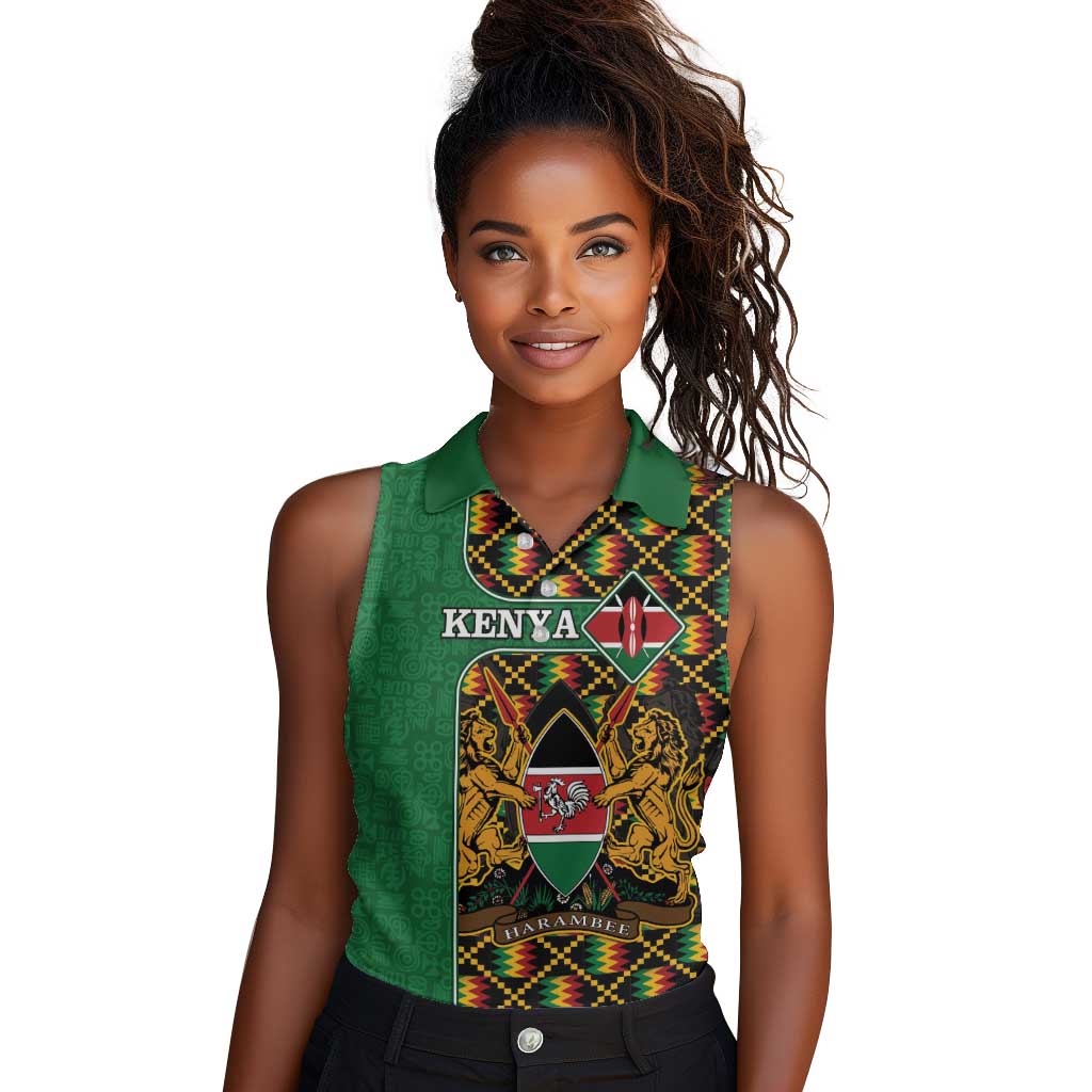 Kenya Women Sleeveless Polo Shirt - Kente Pattern, Coat Of Arms Design